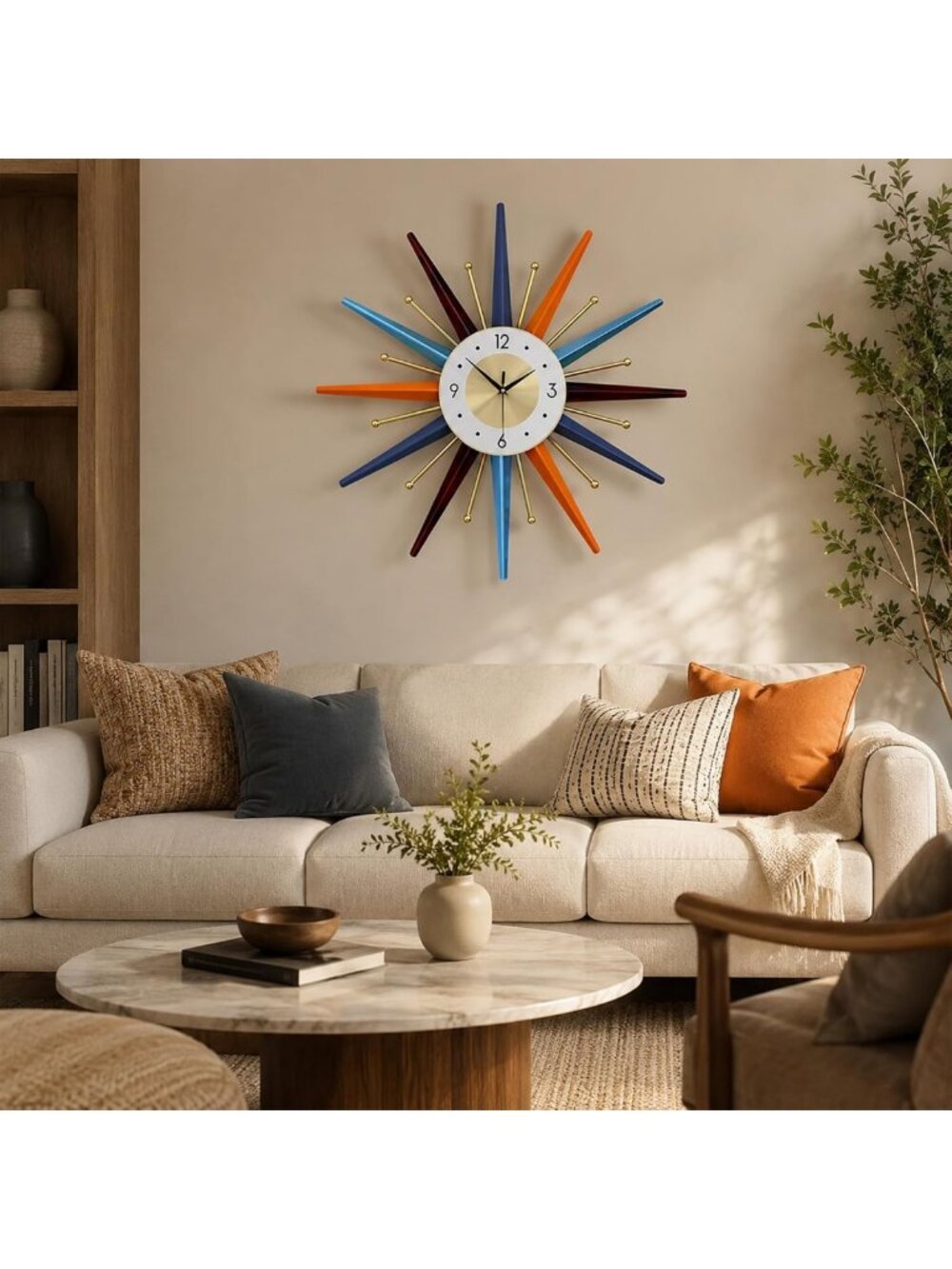 Retro Mid Century Modern 22" Starburst Wall Clock - Colorful Home Decor Accent